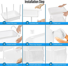 3-Tier Plastic Rolling Organization Utility Cart with Handle and Pocket Door