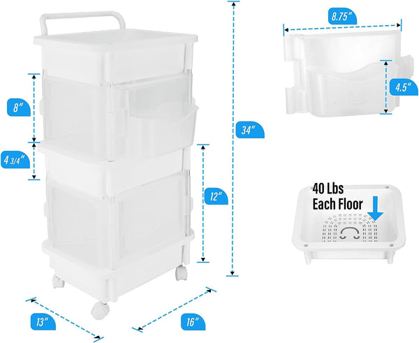 3-Tier Plastic Rolling Organization Utility Cart with Handle and Pocket Door
