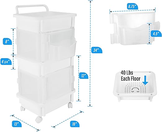 3-Tier Plastic Rolling Organization Utility Cart with Handle and Top Door