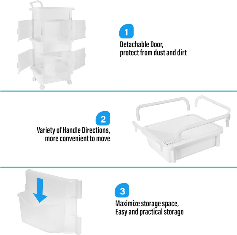 3-Tier Plastic Rolling Organization Utility Cart with Handle and Pocket Door