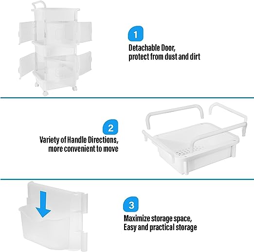 3-Tier Plastic Rolling Organization Utility Cart with Handle and Top Door