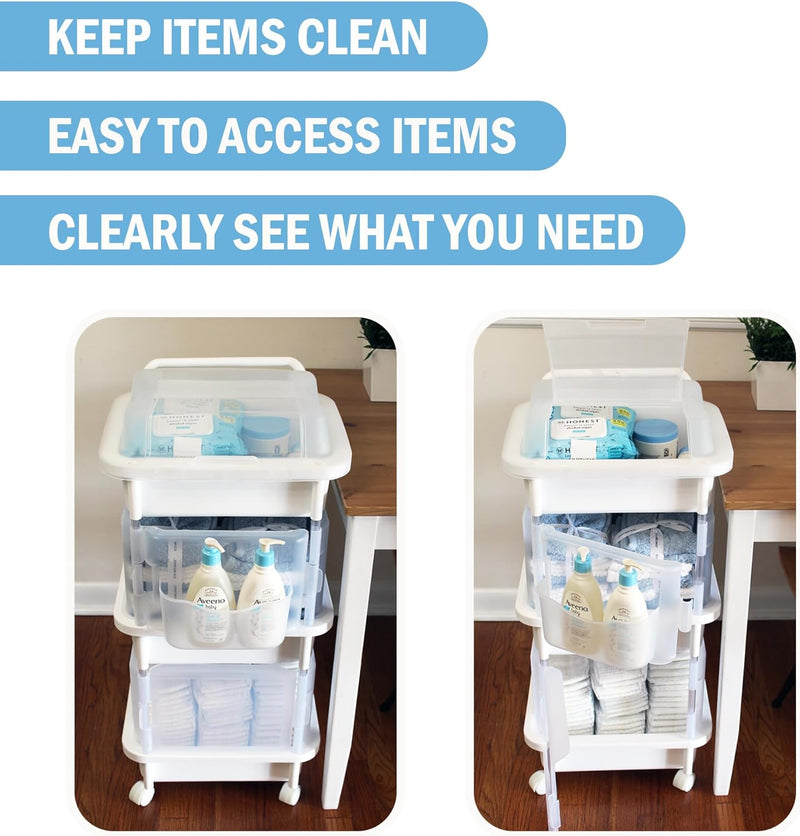 3-Tier Plastic Rolling Organization Utility Cart with Handle and Pocket Door