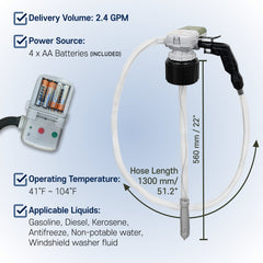 Transfer Pump w/Auto-Stop Overfill Protection for Fuel, Water & More, 2.4 GPM, AA Battery Included, Ergonomic Nozzle, Universal & VP Racing Can Adapters, 51” Hose, PLUS a Manual Siphon