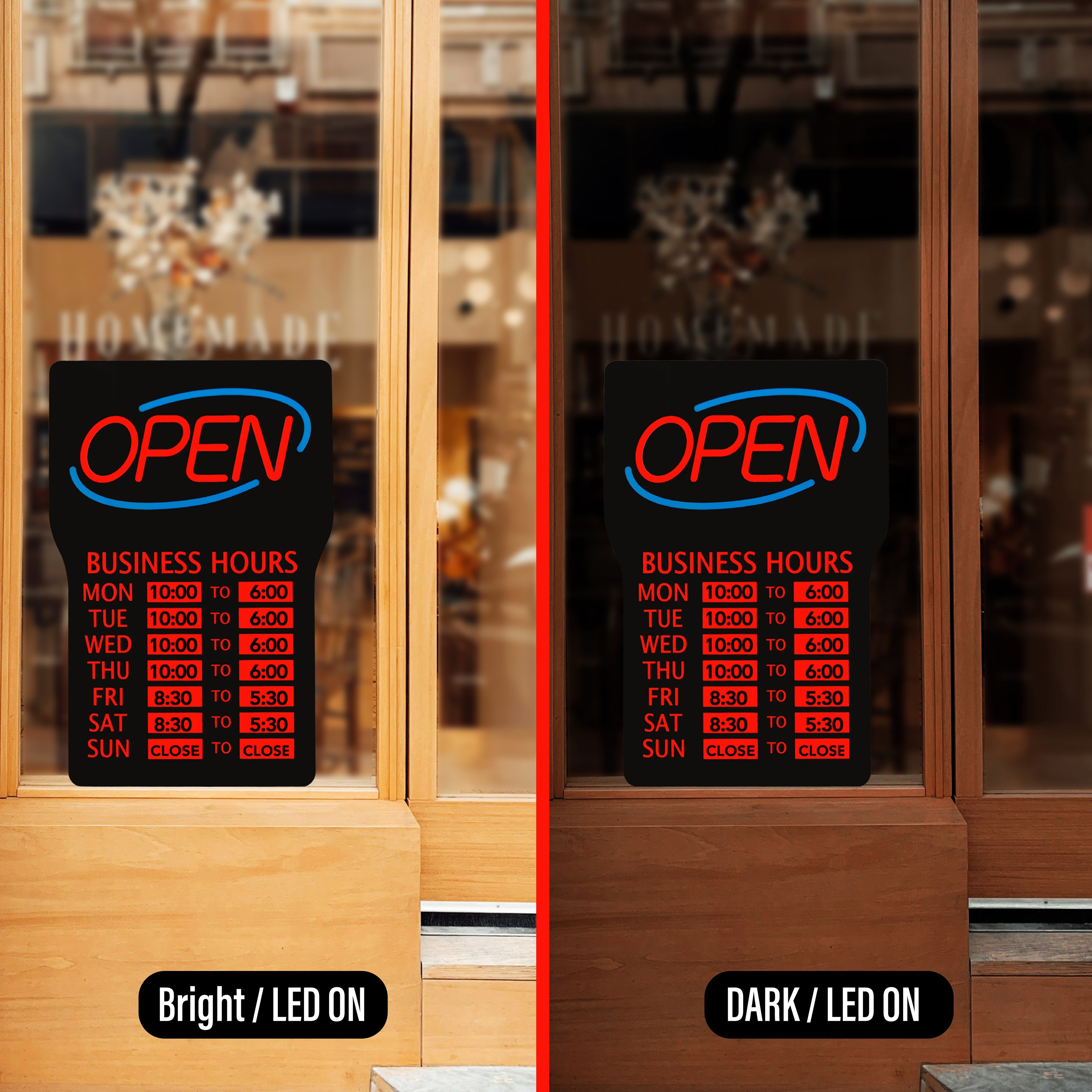 LED Open Sign for Business hours – Bright Red & Blue Lights, 3 Display Modes (OPEN/Hours), Easy Installation, Includes Mounting Kit & Hours Labels