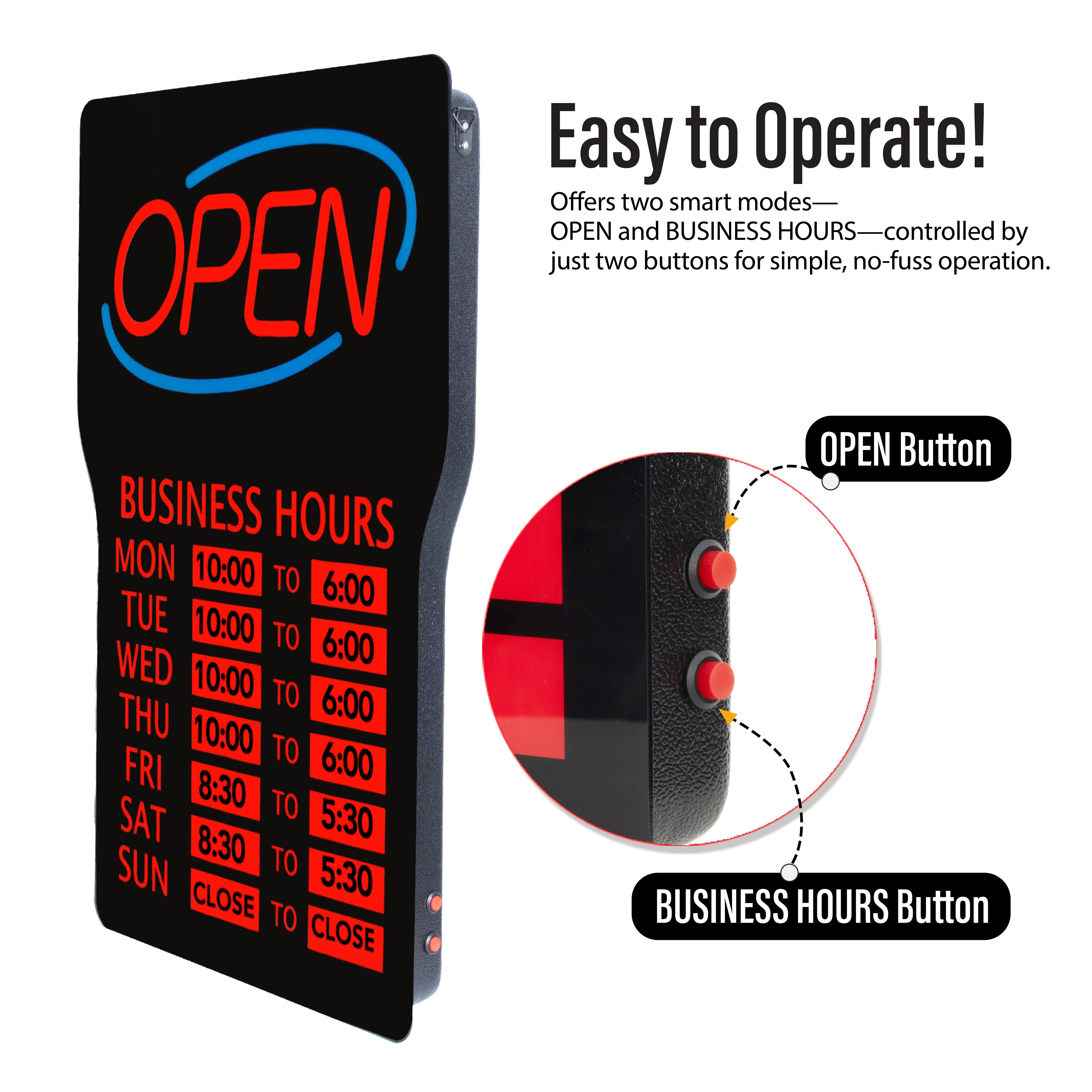 LED Open Sign for Business hours – Bright Red & Blue Lights, 3 Display Modes (OPEN/Hours), Easy Installation, Includes Mounting Kit & Hours Labels
