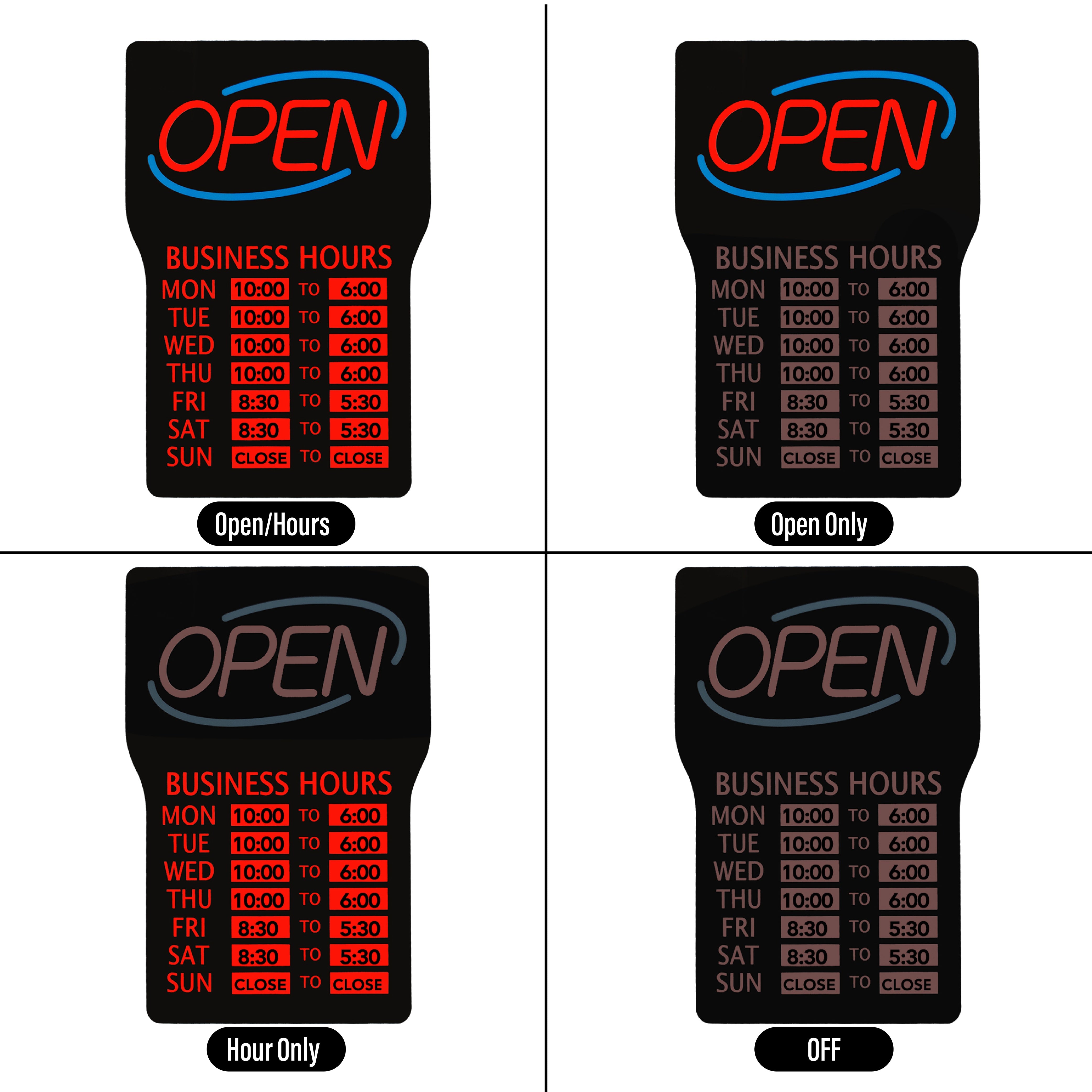 LED Open Sign for Business hours – Bright Red & Blue Lights, 3 Display Modes (OPEN/Hours), Easy Installation, Includes Mounting Kit & Hours Labels